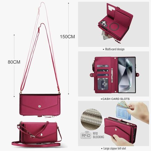 علبة الهاتف لـ Samsung Galaxy S24 Ultra 5G Wallet Wallet متوافق مع Magsafe RFID Screen Protector Crossbody Lanyard حزام حامل بطاقة Slot Slot Slot S24ultra 24S S 24 24ultra Dark Purple in Saudi Arabia