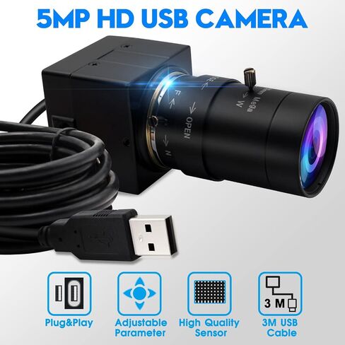 Hotpet 5 ميجابيكسل كاميرا USB 5-50 مم عدسة متغيرة البعد البؤري كاميرا ويب HD 2592X1944 15 إطارًا في الثانية كاميرا USB مستشعر Aptina كاميرا ويب مع صندوق صغير من الألومنيوم لنظام Android Windows Linux PC Mac، التوصيل والتشغيل، OTG 2.0 in Kuwait