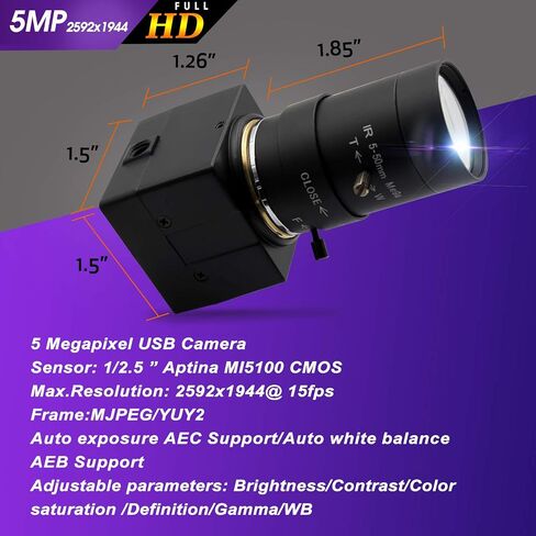 Hotpet 5 ميجابيكسل كاميرا USB 5-50 مم عدسة متغيرة البعد البؤري كاميرا ويب HD 2592X1944 15 إطارًا في الثانية كاميرا USB مستشعر Aptina كاميرا ويب مع صندوق صغير من الألومنيوم لنظام Android Windows Linux PC Mac، التوصيل والتشغيل، OTG 2.0 in Kuwait