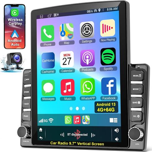 Radio Double Din Car ، 9.7 "IPS شاشة اللمس العمودية اللمسات الاستريو GPS التنقل Android 13 رأس ، ودعم carplay اللاسلكية/السلكية و Android Auto ، Bluetooth ، FM ، كاميرا احتياطية in Kuwait