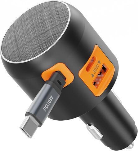 60W شاحن سيارة قابل للسحب ، 3 في 1 في -1 USB-C محول ولاعة سجائر سريعة الشحن مع كابل قابل للسحب مدمج ، متوافق مع iPhone 16/15 Pro Max ، Galaxy S25 ، iPad (Black) in Kuwait