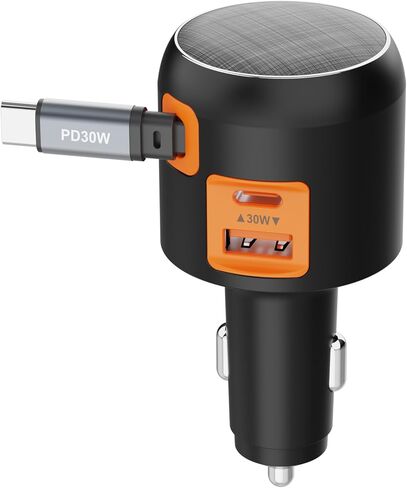 60W شاحن سيارة قابل للسحب ، 3 في 1 في -1 USB-C محول ولاعة سجائر سريعة الشحن مع كابل قابل للسحب مدمج ، متوافق مع iPhone 16/15 Pro Max ، Galaxy S25 ، iPad (Black) in Kuwait