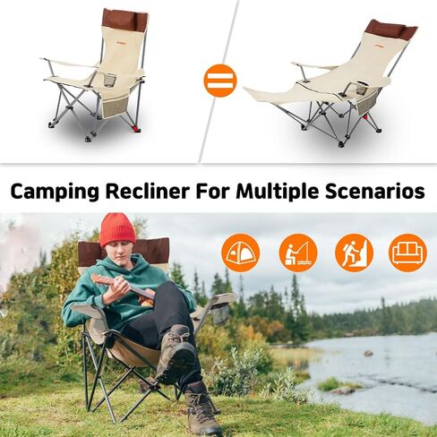 كرسي التخييم مع دعم كرسي الصالة القابل للطي مسند قدم 450 رطلاً ، و 150 درجة كرسي معسكر مسند الظهر مع وسادة in Kuwait