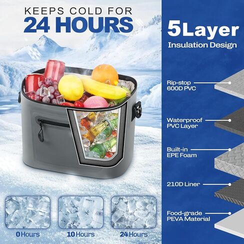 حقيبة مبردة معزولة ، 7/16/30 يمكن أن تنهار مع فتاحة الزجاجة لمبردات الغداء للنزهة والشاطئ والعمل والرحلة - أكياس مبردات الجليد الناعمة مع سحاب محمول مواقف مستقيمة in Kuwait