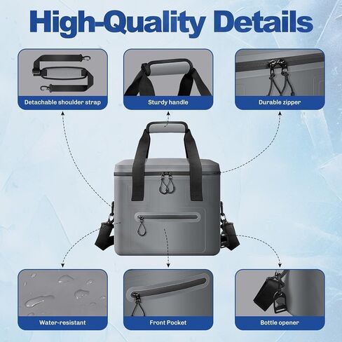 حقيبة مبردة معزولة ، 7/16/30 يمكن أن تنهار مع فتاحة الزجاجة لمبردات الغداء للنزهة والشاطئ والعمل والرحلة - أكياس مبردات الجليد الناعمة مع سحاب محمول مواقف مستقيمة in Kuwait