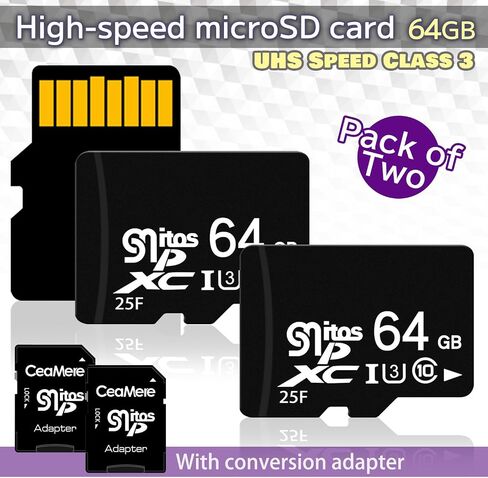 [2-pack] بطاقات microSD 64 جيجابايت مع محولات SD-U3 Class 10 ، ذاكرة عالية السرعة للفيديو 4K ، الأجهزة المحمولة ، كاميرات الحركة ، وحدات التحكم في الألعاب ، الطائرات بدون طيار in Saudi Arabia