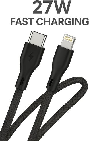 Premium 27W USB C إلى كبل البرق 4ft كابل الشحن السريع المصنوع لأجهزة iPhone ، 3A نايلون سلك iPhone Charger Type Have Duty Type C for iPhone 14 13 12 11 Pro Max ، Black in Saudi Arabia