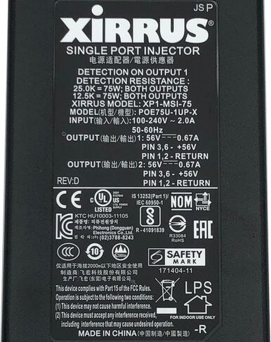Xirrus POE75U-1UP-X Single Port Injector 2 Output PoE 56V Power Over Ethernet XP1-MSI-75 in Saudi Arabia
