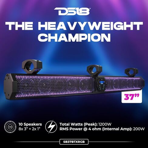 DS18 SB37BTXRGB 37 "شريط صوت متضخم بحري مع إضاءة Bluetooth USB & RGB ، 10 مكبرات صوت ، 1200 واط ، لوحة تحكم دوارة ، رائعة ل PowerSports ، SXS ، عربة الجولف ، ATV/UTV Soundbar 37 بوصة in Saudi Arabia