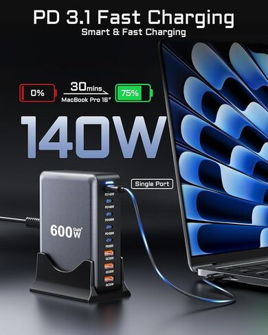 USB C Charger Ganⅲ 600W كتلة شاحن سطح المكتب ، مركز شحن محطة الشحن ， PD 3.1/QC 5.0 محطة شحن سريعة ، لجميع iPad iPhone 16/15/14/13 in Saudi Arabia