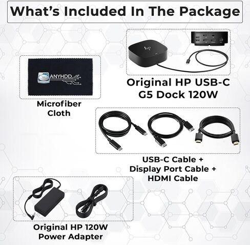 محطة إرساء HP لشاشة الكمبيوتر المحمول وشحن حزمة الشحن-USB-C G5 Dock 5YH27AV#ABA مع محول 120W + كابل HDMI + كابل DisplayPort + Cable Cable + Cable + Microfiber (متجدد) in Kuwait