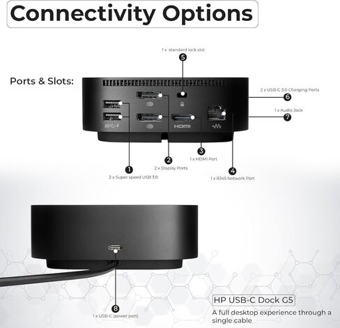 محطة إرساء HP لشاشة الكمبيوتر المحمول وشحن حزمة الشحن-USB-C G5 Dock 5YH27AV#ABA مع محول 120W + كابل HDMI + كابل DisplayPort + Cable Cable + Cable + Microfiber (متجدد) in Kuwait
