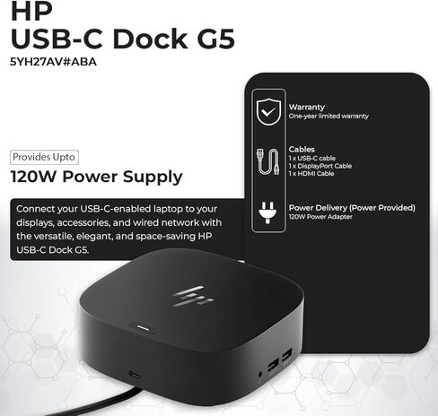 محطة إرساء HP لشاشة الكمبيوتر المحمول وشحن حزمة الشحن-USB-C G5 Dock 5YH27AV#ABA مع محول 120W + كابل HDMI + كابل DisplayPort + Cable Cable + Cable + Microfiber (متجدد) in Kuwait
