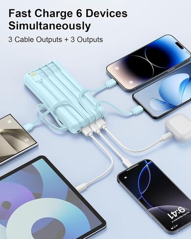شاحن محمول مع كابلات مدمجة ، شحن سريع 10000 مللي أمبير في الساعة 22.5W بنك الطاقة USB C عرض البطارية حزمة 6 مخرجات ومدخلات 2 iPhone Samsung Pixel LG Moto iPad in Saudi Arabia