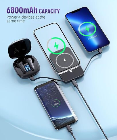 for Magnetic Power Bank, 6800mAh Wireless Portable Charger with PD30W Fast Charging, Battery Pack Built-in 2 Output Cables for iPhone (Black) in Saudi Arabia