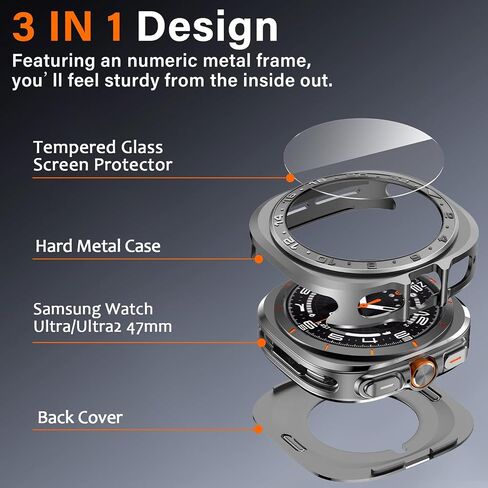 Amizee Numeric Metal Case for Samsung Galaxy Watch Ultra/Ultra 2 Screen Protector 47mm ، غطاء خلفي وعرة غلاف واقٍ من الإطار الرفيع جدًا لـ Galaxy Watch 7/8 Ultra ، أسود رقمي in Kuwait