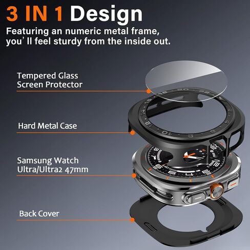 Amizee Numeric Metal Case for Samsung Galaxy Watch Ultra/Ultra 2 Screen Protector 47mm ، غطاء خلفي وعرة غلاف واقٍ من الإطار الرفيع جدًا لـ Galaxy Watch 7/8 Ultra ، أسود رقمي in Kuwait