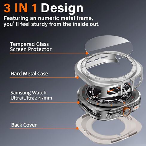 Amizee Numeric Metal Case for Samsung Galaxy Watch Ultra/Ultra 2 Screen Protector 47mm ، غطاء خلفي وعرة غلاف واقٍ من الإطار الرفيع جدًا لـ Galaxy Watch 7/8 Ultra ، أسود رقمي in Kuwait