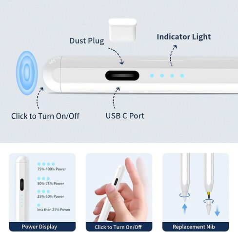 Stylus Pen for iPad,(2018-2025) Fast Charge with Tilt Sensitivity & Palm Rejection iPad Pro 11"/12.9", iPad mini 5/6, iPad Air 3/4/5, 6/7/8/9/10 (White) in Saudi Arabia