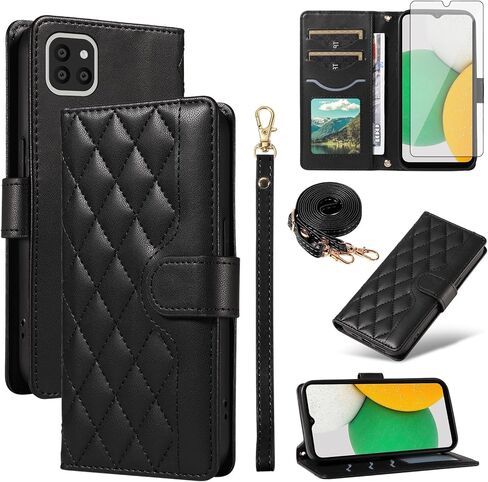 Asuwish Phone Case for Samsung Galaxy A03 Wallet Cover with Tempered Glass Screen Protector and Wrist Strap Lanyard Card Holder Slot Stand Flip Cell Accessories Purse A 03 03A Ao3 Women Men Purple in Saudi Arabia