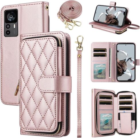 Wallet Case for Xiaomi 12T/12T Pro 5G with Detachable Wrist Strap Crossbody Shoulder Strap 9+ Card Slot Zipper Purse Luxury PU Leather Stand Cell Phone Cover for Mi T12 12TPro Women Deep Purple in Saudi Arabia