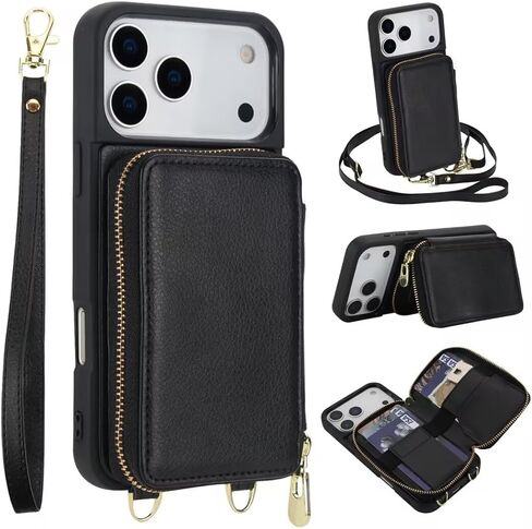 حالة محفظة متوافقة مع iPhone 17 Pro ، حامل بطاقة حظر RFID مع محفظة سحاب مع Crossbody حزام مقاوم للصدمة الغلاف اليدوية الجلدية لـ iPhone 17 Pro 6.3 '' 2025 Black in Kuwait