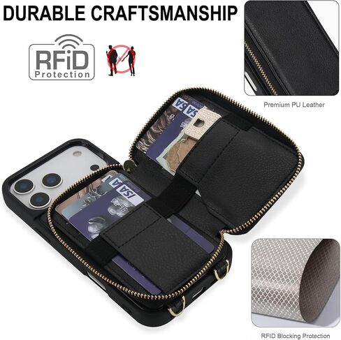 حالة محفظة متوافقة مع iPhone 17 Pro ، حامل بطاقة حظر RFID مع محفظة سحاب مع Crossbody حزام مقاوم للصدمة الغلاف اليدوية الجلدية لـ iPhone 17 Pro 6.3 '' 2025 Black in Kuwait