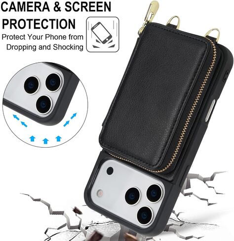 حالة محفظة متوافقة مع iPhone 17 Pro ، حامل بطاقة حظر RFID مع محفظة سحاب مع Crossbody حزام مقاوم للصدمة الغلاف اليدوية الجلدية لـ iPhone 17 Pro 6.3 '' 2025 Black in Kuwait