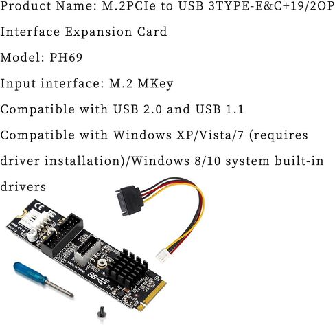 PH69 M.2 MKEY PCIe to Front USB3.1 Type-E&C+19/20P Expansion Card with Small 4Pin Power Supply Interface in Kuwait
