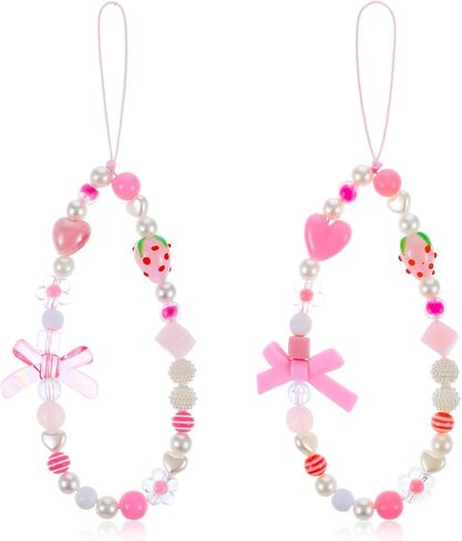2 PCS سحر الهاتف الوردي الفراولة ، سحر الهاتف حزام جمالي مع Bowknot Heart سحر الكاميرا حزام معصم هدايا سلسلة زخارف لطيفة للنساء in Kuwait