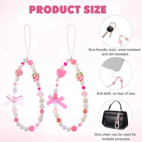 2 PCS سحر الهاتف الوردي الفراولة ، سحر الهاتف حزام جمالي مع Bowknot Heart سحر الكاميرا حزام معصم هدايا سلسلة زخارف لطيفة للنساء in Kuwait