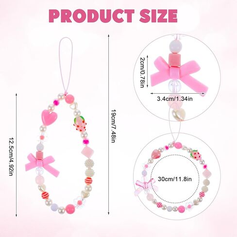 2 PCS سحر الهاتف الوردي الفراولة ، سحر الهاتف حزام جمالي مع Bowknot Heart سحر الكاميرا حزام معصم هدايا سلسلة زخارف لطيفة للنساء in Kuwait