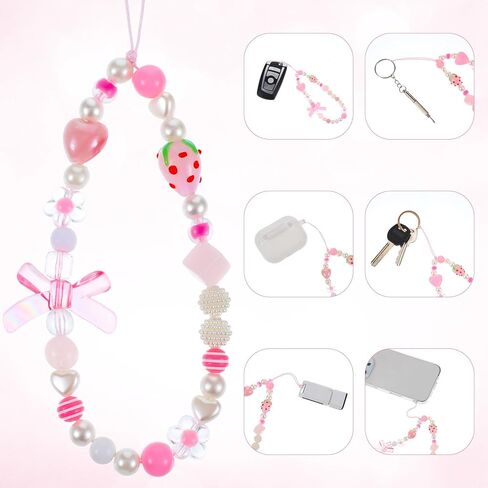 2 PCS سحر الهاتف الوردي الفراولة ، سحر الهاتف حزام جمالي مع Bowknot Heart سحر الكاميرا حزام معصم هدايا سلسلة زخارف لطيفة للنساء in Kuwait