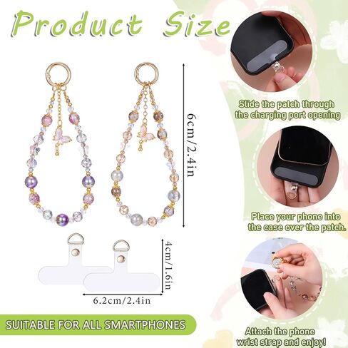 2PCS Crystal Beaded Phone Charm, Cute Bracelet Wrist Lanyard, Portable Cell Phone Wrist Strap, Suitable for Mobile Phones, Small Cameras, Headphones, Bags, Women's Gifts in Saudi Arabia
