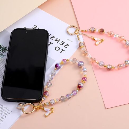 2PCS Crystal Beaded Phone Charm, Cute Bracelet Wrist Lanyard, Portable Cell Phone Wrist Strap, Suitable for Mobile Phones, Small Cameras, Headphones, Bags, Women's Gifts in Saudi Arabia