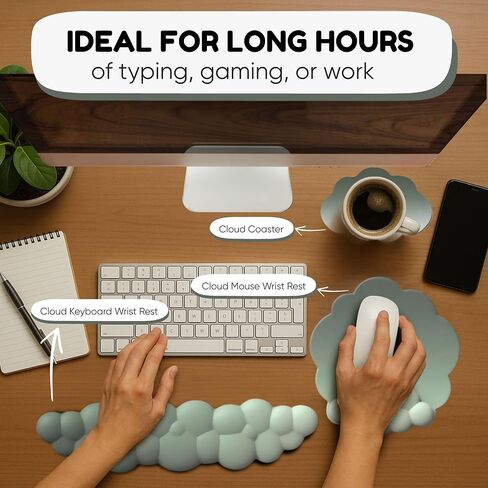THONIV - Cloud Wrist Rest for Keyboard and Mouse, Soft Memory Foam Support with Non-Slip Base, Cute Cloud Design for Typing, Gaming, Office, Bonus Coaster Included for Desk Aesthetic (Black Gradient) in Saudi Arabia