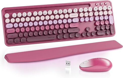 UBOTIE Wireless Keyboard and Mouse Combo with Phone Holder and Wrist Rest, Round Colorful Keys, Power Switches, 2.4GHz USB Receiver, Full-Size QWERTY Layout for PC Laptop（Green in Kuwait