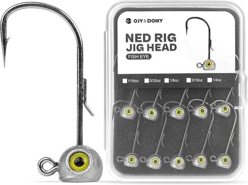 15-Pack Fish Eye Ned Rig Jig Heads with Welded Wire Bait Keeper – 1/16 3/32 1/8 3/16 1/4oz with 2/0 3/0 Hooks, Chartreuse Eyes, Secure Finesse TRD Hookup for Bass Fishing in Saudi Arabia