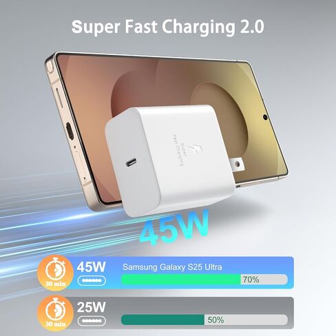 Excgood 45W Super Fast Charger Type C for Samsung Galaxy S25 Ultra و USB و USB C Charger مع سلك شحن سريع 2x 6ft مضفر لـ Galaxy S25+ S24ultra S23 S22 Tab S10 S9 - Black in Kuwait