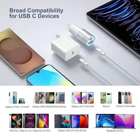 Excgood 45W Super Fast Charger Type C for Samsung Galaxy S25 Ultra و USB و USB C Charger مع سلك شحن سريع 2x 6ft مضفر لـ Galaxy S25+ S24ultra S23 S22 Tab S10 S9 - Black in Kuwait