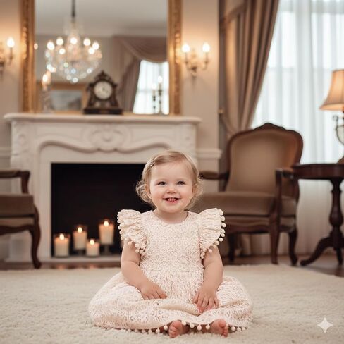 2Bunnies Girl Baby Toddler Vintage Lace Pom Pom Flutter Sleeve Easter Birthday Outfit Dress in Saudi Arabia