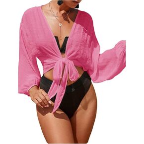 Verdusa Women's Tie Front Long Sleeve Swimsuit Kimono Cover Up Wrap Blouse Top in Kuwait