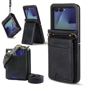 ASAPDOS for Samsung Galaxy Z Flip 7 PU Leather Wallet Phone Case with Card Slots (Holds 5-7 Cards), Anti-Drop Protection, Wrist & Shoulder Strap Blue in Saudi Arabia