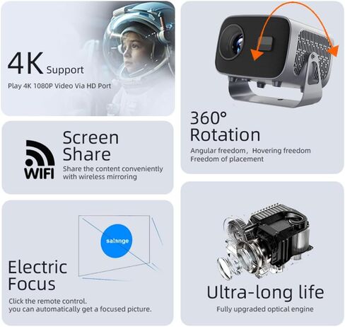 Projector 4K Support, Smart Mini Projector with Wifi6 and Bluetooth, 300ANSI Electric Focus, Auto Keystone Correction for Home Theater, Compatible with IOS/Android/HDMI/USB in Kuwait