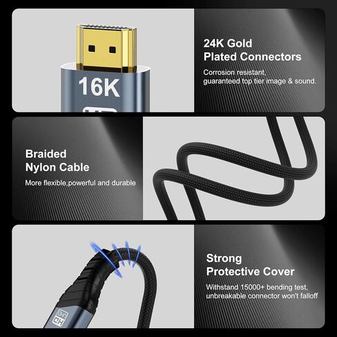 CABLEDECONN 16K HDMI 2.2 Cable 3M 9.9FT High Speed 96Gbps 12Bit 16K@60Hz 8K@240Hz 4K@480Hz Braided Gold Plated UHD HDR Support HDCP 3D HDMI Connection Compatible with PS5 Monitor TV in Kuwait