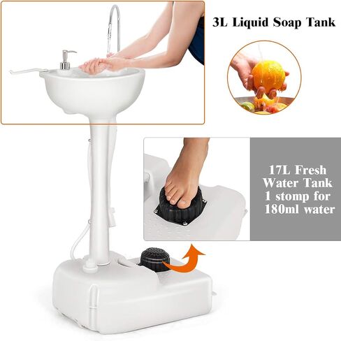Giantex Portable Camping Sink with Soap Dispenser and Towel Holder, 19L Water Capacity with Rolling Wheels and Foot Pump for Outdoor Events, Gatherings, Camping, Portable Hand Wash Basin Stand in Saudi Arabia