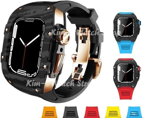مجموعة تعديل علبة ألياف ألياف الكربون لسبائك Apple Watch 7 45 مم حزام مطاطي للفلور لـ IWatch 6 SE 5 4 44 ملم in Kuwait