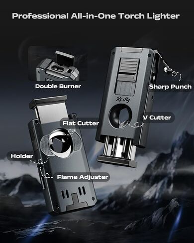 5-in-1 Torch Lighter with Holder, V & Straight Tool, Dual Jet Flame, Gifts for Men, Multifunctional Accessories, Adjustable & Windproof Lighter Set, Refillable Butane Lighter for Travel in Saudi Arabia