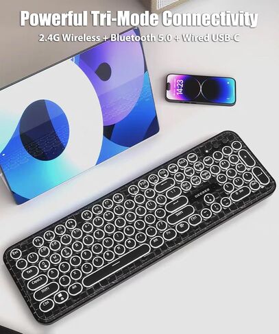 لوحة مفاتيح الآلة الكاتبة مع لوحة جلدية فو ، اللاسلكي 2.4G/Bluetooth/سلكية USB-C ، لوحة مفاتيح الألعاب الميكانيكية الجمالية 104 مفتاح زرقاء ، مفتاح مستدير الرجعية ، إضاءة خلفية بيضاء ، أسود in Kuwait