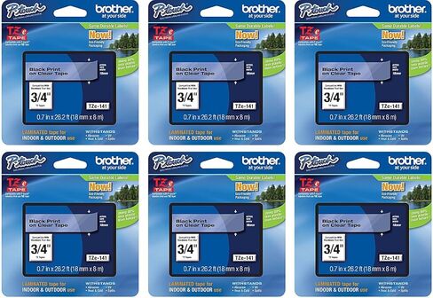 Brother Genuine P-touch 6-Pack TZe-141 Laminated Tape, Black Print on Clear Standard Adhesive Laminated Tape for P-touch Label Makers, Each Roll is 0.7"/18mm (~ 3/4") Wide, 26.2 ft. (8M) Long in Saudi Arabia